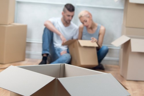 Professional movers handling fragile items and wrapping furniture